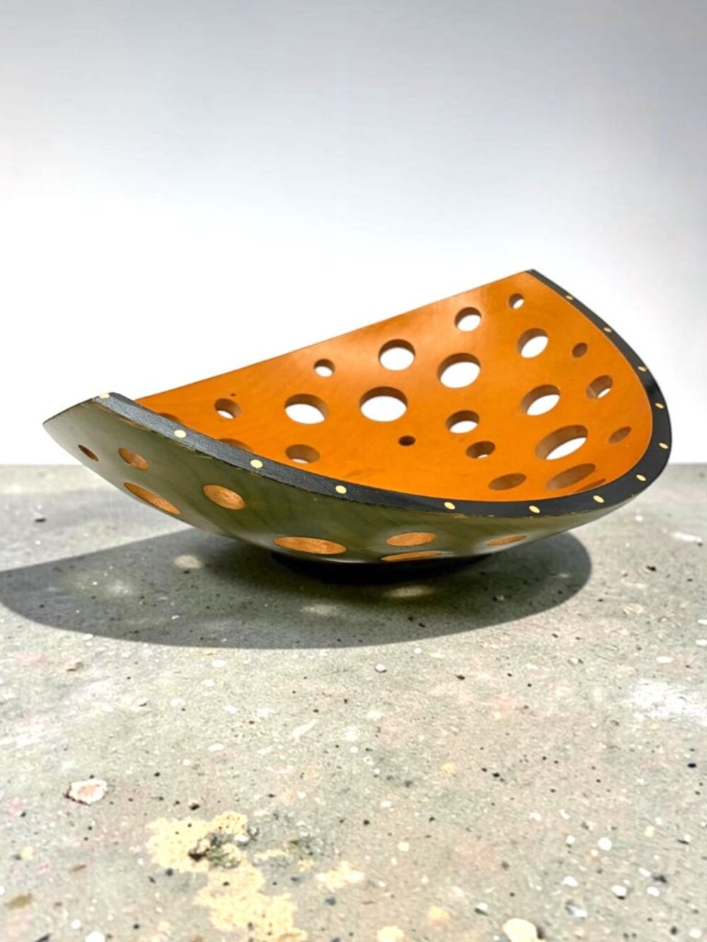Hand Painted Pierced Wood Fruit Bowl Orange Green Teardrop Artist Signed 13.25"